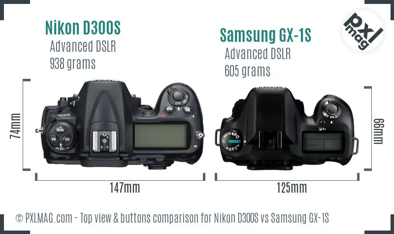 Nikon D300S vs Samsung GX-1S top view buttons comparison