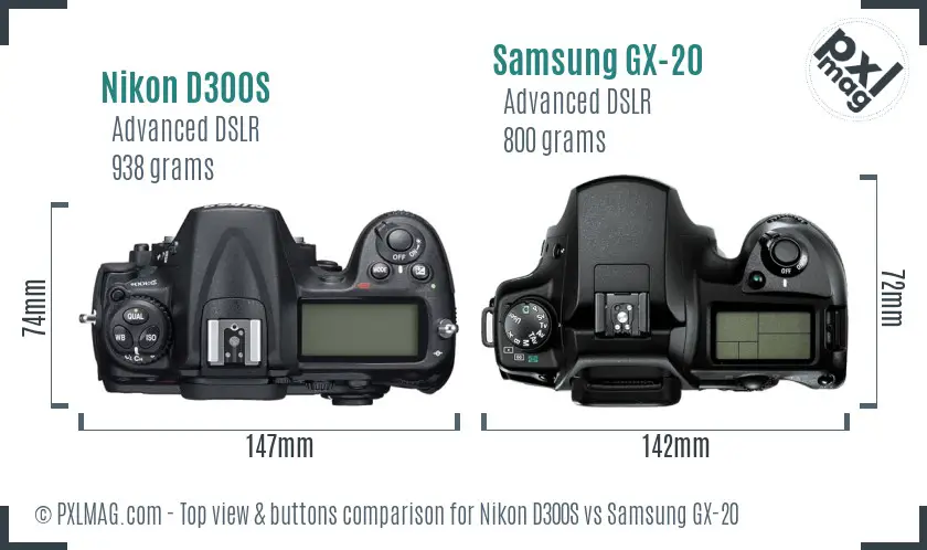 Nikon D300S vs Samsung GX-20 top view buttons comparison