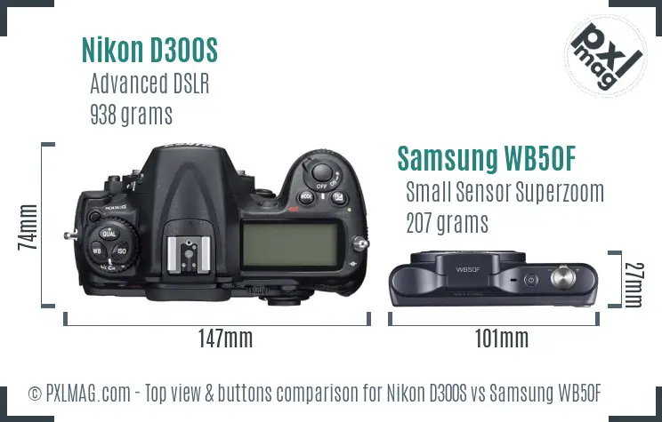 Nikon D300S vs Samsung WB50F top view buttons comparison