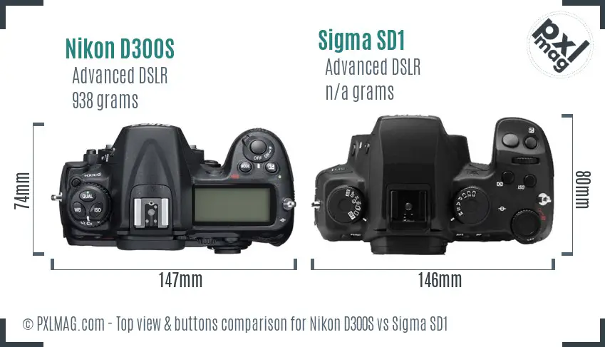 Nikon D300S vs Sigma SD1 top view buttons comparison