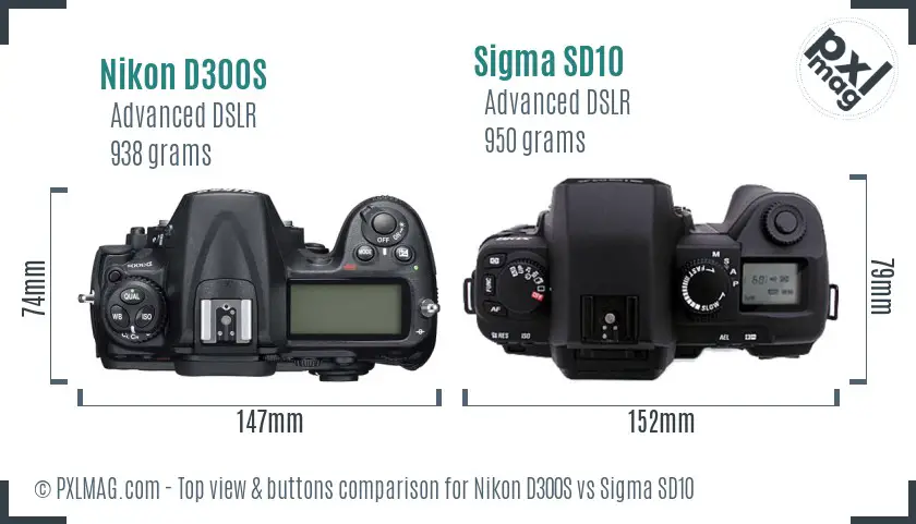 Nikon D300S vs Sigma SD10 top view buttons comparison