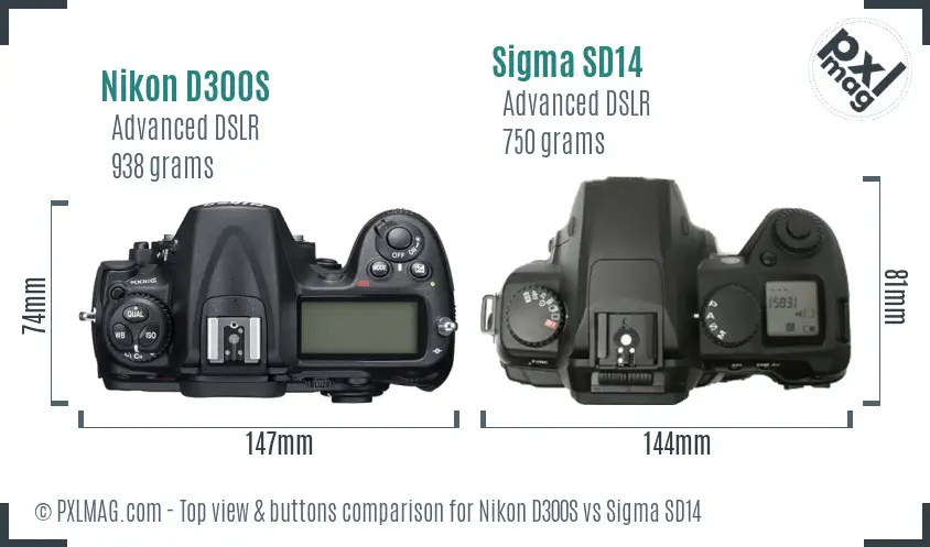 Nikon D300S vs Sigma SD14 top view buttons comparison