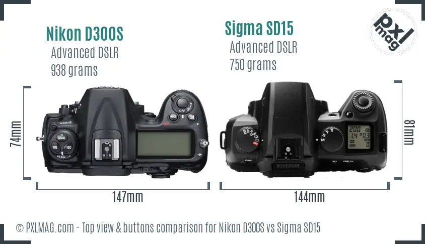 Nikon D300S vs Sigma SD15 top view buttons comparison