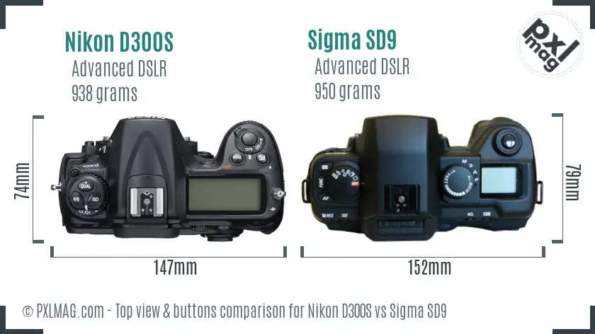 Nikon D300S vs Sigma SD9 top view buttons comparison