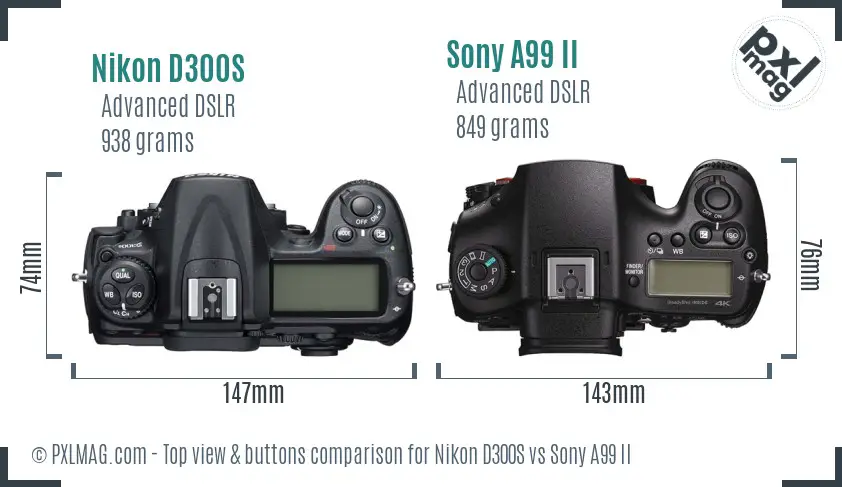 Nikon D300S vs Sony A99 II top view buttons comparison