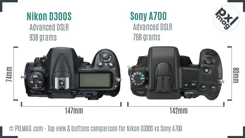Nikon D300S vs Sony A700 top view buttons comparison