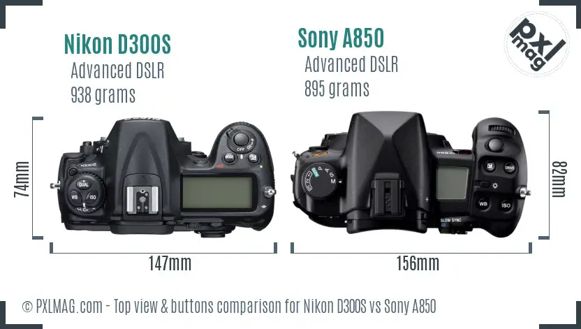 Nikon D300S vs Sony A850 top view buttons comparison