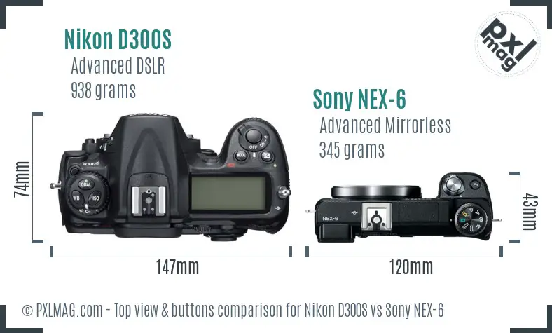 Nikon D300S vs Sony NEX-6 top view buttons comparison