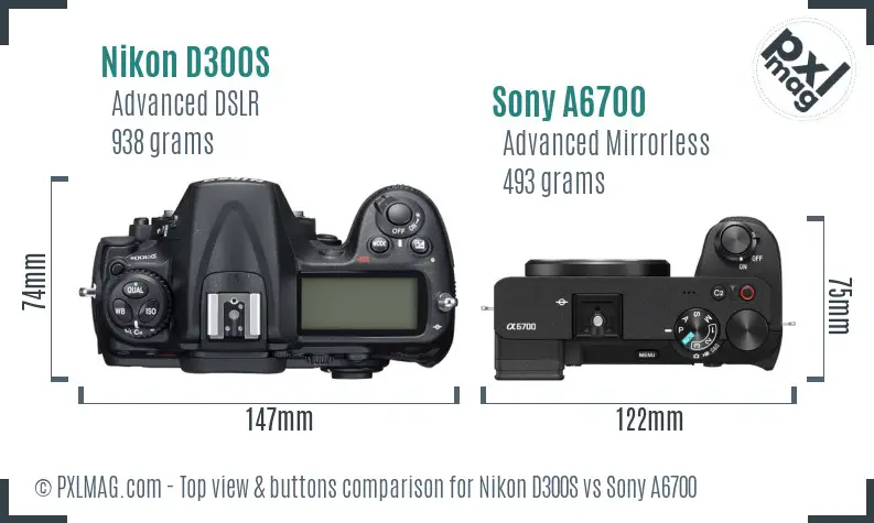 Nikon D300S vs Sony A6700 top view buttons comparison Nikon D300S vs Sony A6700 top view buttons comparison