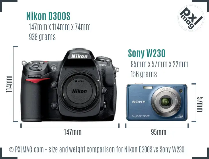 Nikon D300S vs Sony W230 size comparison