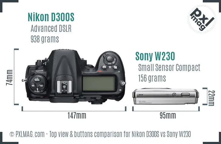Nikon D300S vs Sony W230 top view buttons comparison