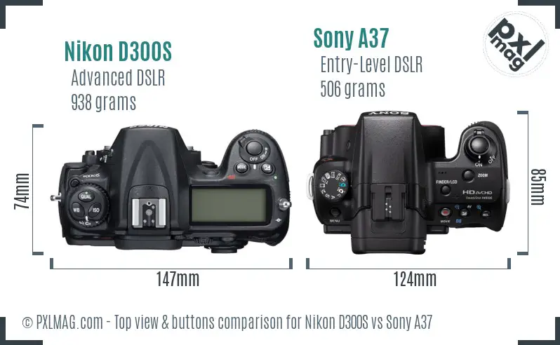 Nikon D300S vs Sony A37 top view buttons comparison