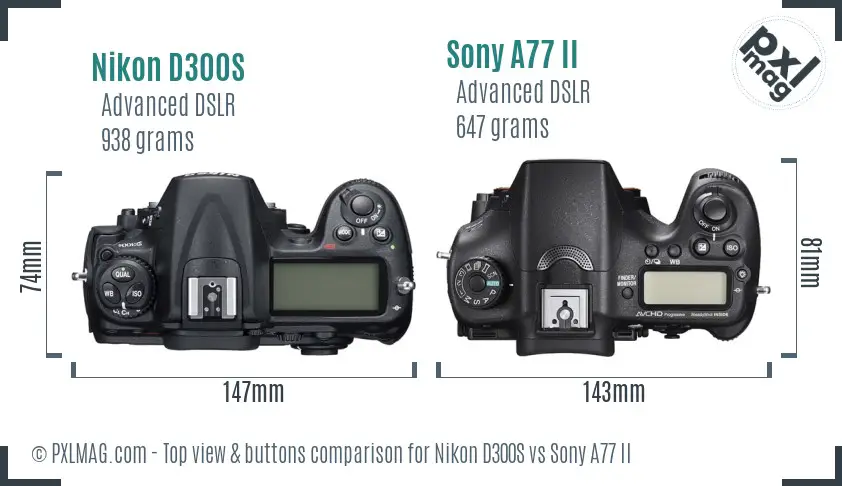 Nikon D300S vs Sony A77 II top view buttons comparison