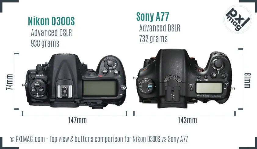 Nikon D300S vs Sony A77 top view buttons comparison