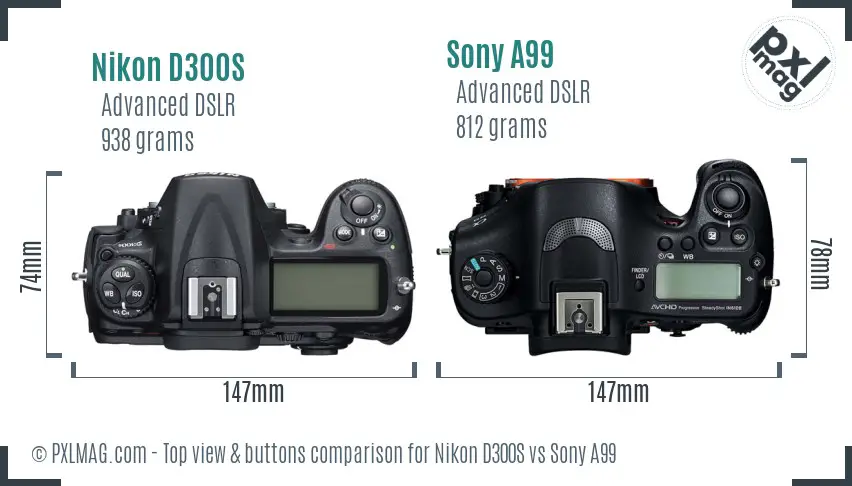 Nikon D300S vs Sony A99 top view buttons comparison