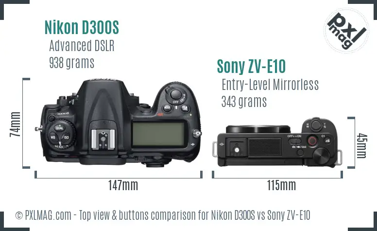 Nikon D300S vs Sony ZV-E10 top view buttons comparison