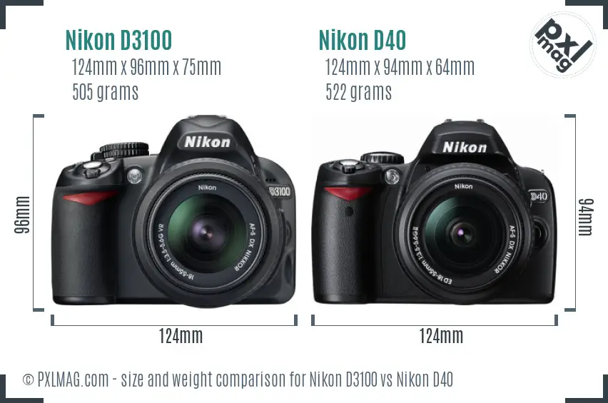 Nikon D3100 vs Nikon D40 size comparison