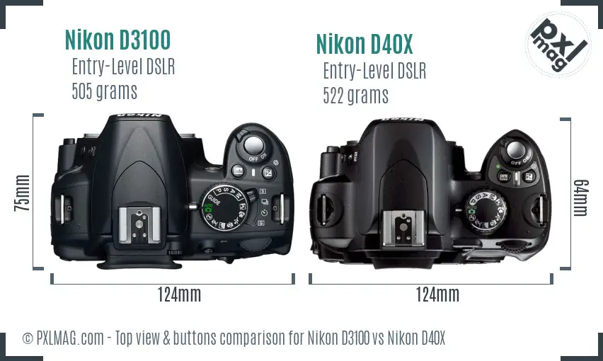 Nikon D3100 vs Nikon D40X top view buttons comparison