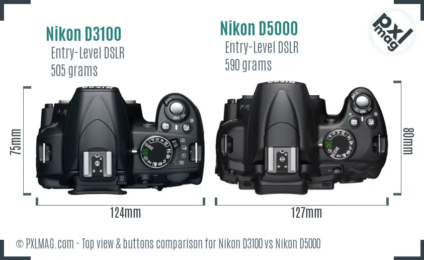 Nikon D3100 vs Nikon D5000 top view buttons comparison