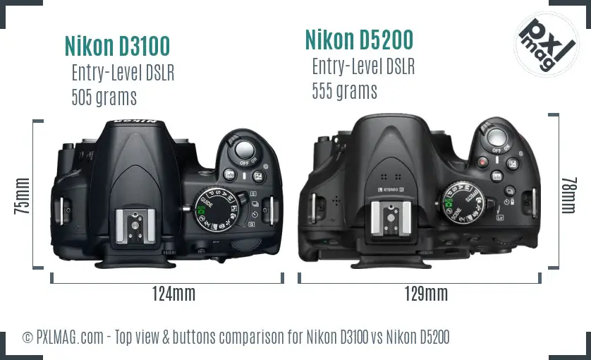 Nikon D3100 vs Nikon D5200 top view buttons comparison