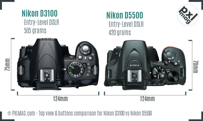 Nikon D3100 vs Nikon D5500 top view buttons comparison