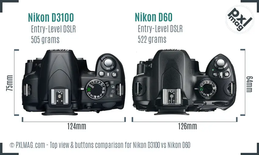 Nikon D3100 vs Nikon D60 top view buttons comparison
