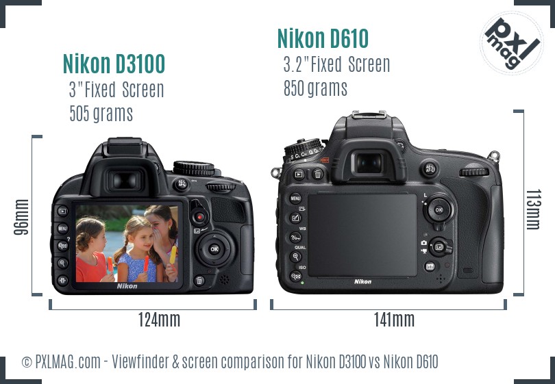 Nikon D3100 vs Nikon D610 Screen and Viewfinder comparison