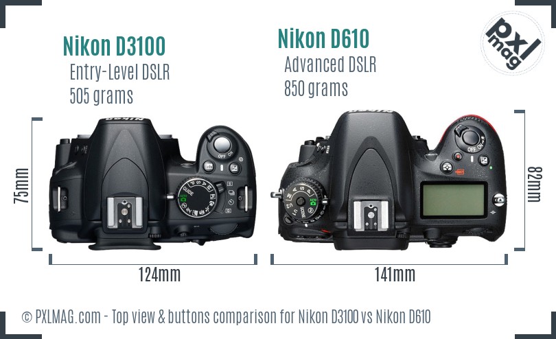 Nikon D3100 vs Nikon D610 top view buttons comparison