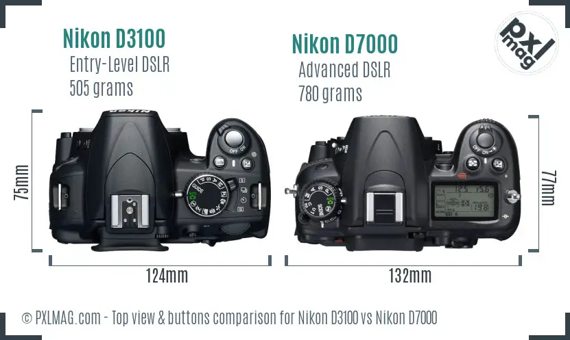 Nikon D3100 vs Nikon D7000 top view buttons comparison Nikon D3100 vs Nikon D7000 top view buttons comparison