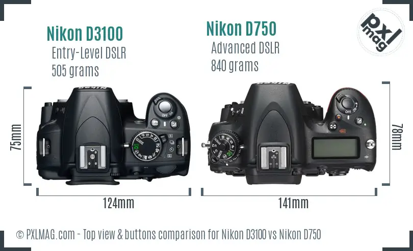 Nikon D3100 vs Nikon D750 top view buttons comparison