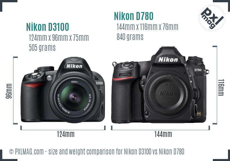 Nikon D3100 vs Nikon D780 size comparison