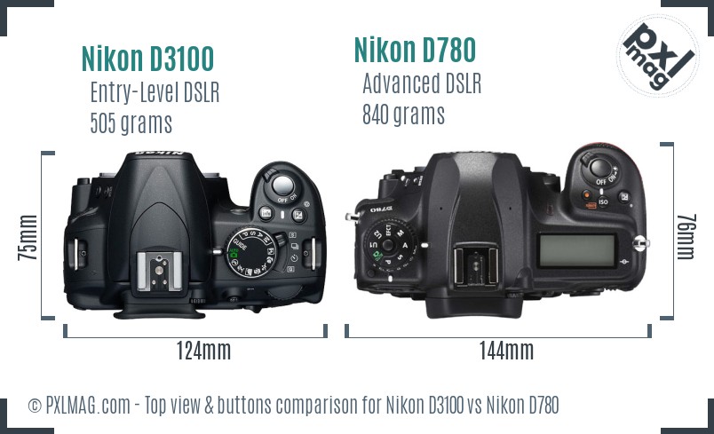 Nikon D3100 vs Nikon D780 top view buttons comparison