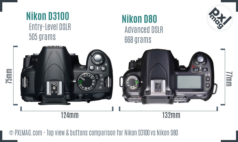 Nikon D3100 vs Nikon D80 top view buttons comparison