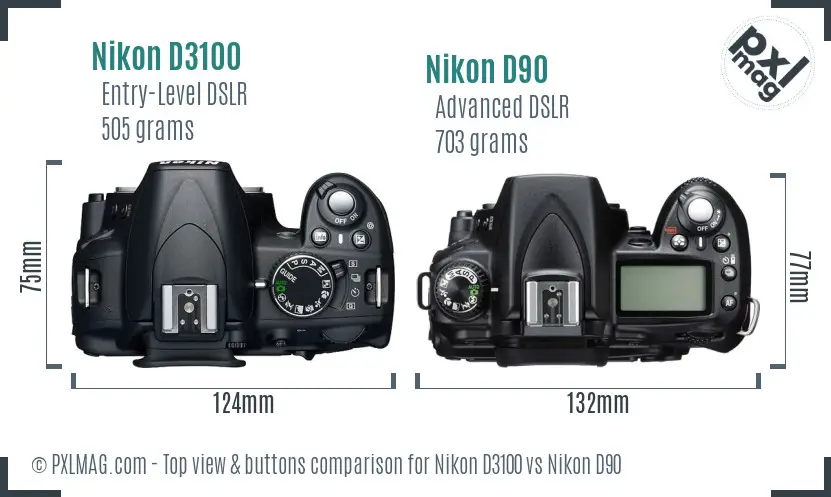 Nikon D3100 vs Nikon D90 top view buttons comparison