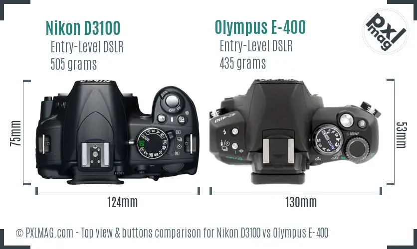 Nikon D3100 vs Olympus E-400 top view buttons comparison