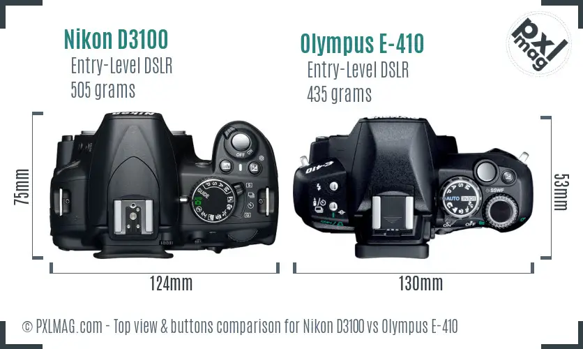 Nikon D3100 vs Olympus E-410 top view buttons comparison