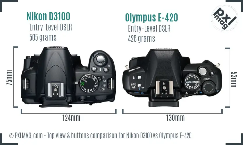 Nikon D3100 vs Olympus E-420 top view buttons comparison Nikon D3100 vs Olympus E-420 top view buttons comparison