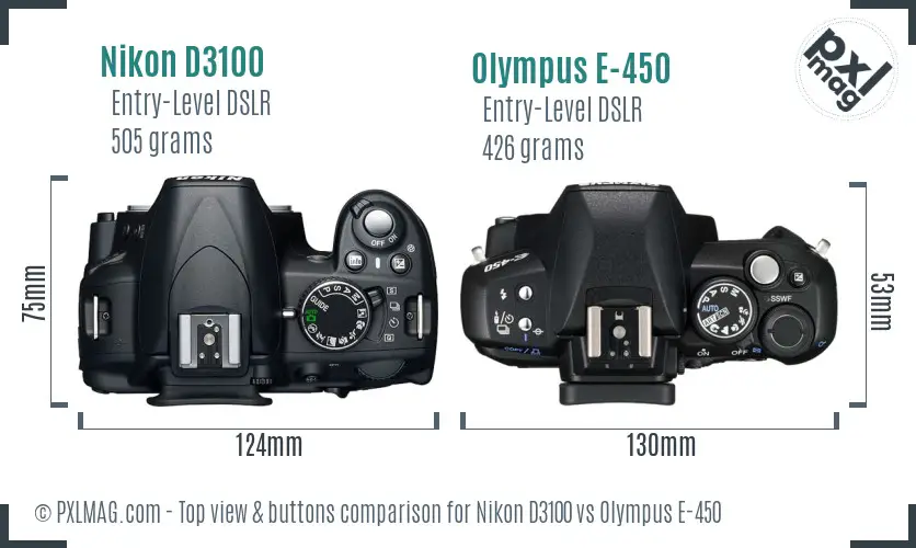 Nikon D3100 vs Olympus E-450 top view buttons comparison