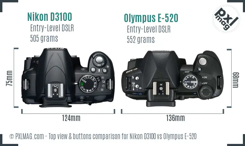 Nikon D3100 vs Olympus E-520 top view buttons comparison