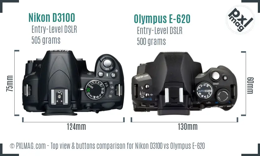 Nikon D3100 vs Olympus E-620 top view buttons comparison