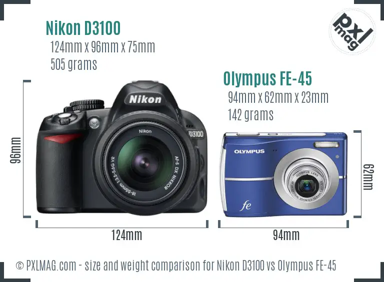 Nikon D3100 vs Olympus FE-45 size comparison
