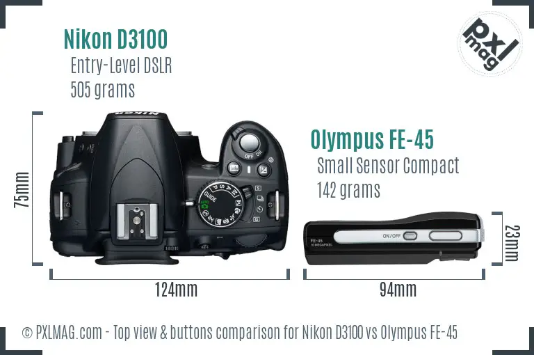 Nikon D3100 vs Olympus FE-45 top view buttons comparison