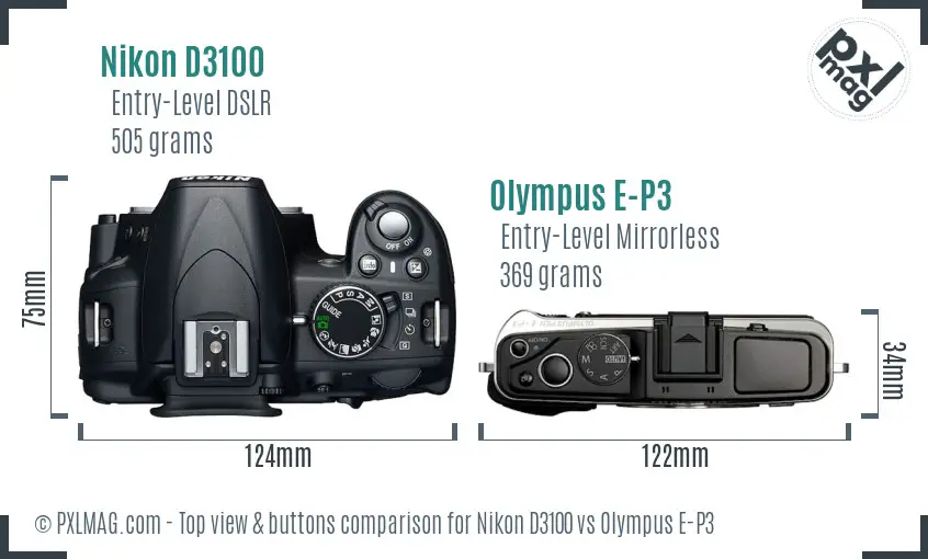 Nikon D3100 vs Olympus E-P3 top view buttons comparison