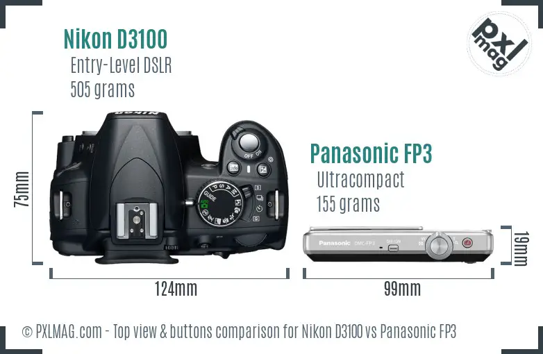 Nikon D3100 vs Panasonic FP3 top view buttons comparison