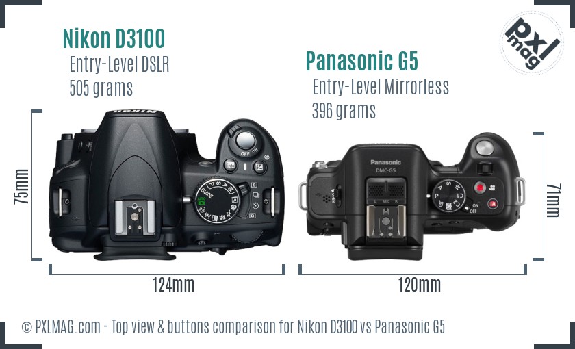Nikon D3100 vs Panasonic G5 top view buttons comparison