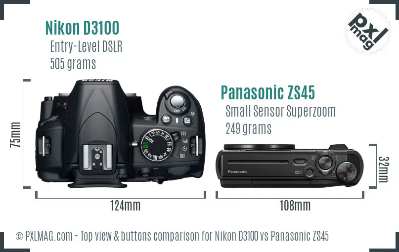 Nikon D3100 vs Panasonic ZS45 top view buttons comparison