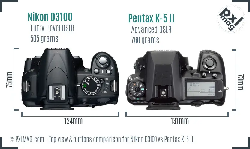 Nikon D3100 vs Pentax K-5 II top view buttons comparison