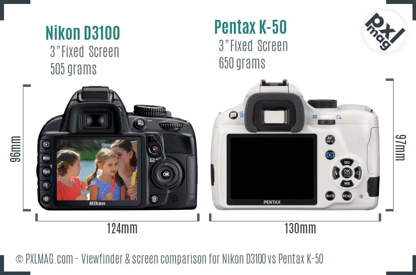 Nikon D3100 vs Pentax K-50 Screen and Viewfinder comparison