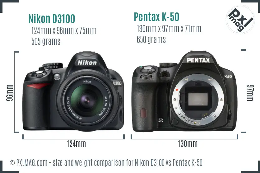 Nikon D3100 vs Pentax K-50 size comparison