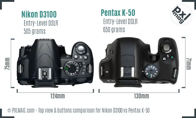 Nikon D3100 vs Pentax K-50 top view buttons comparison